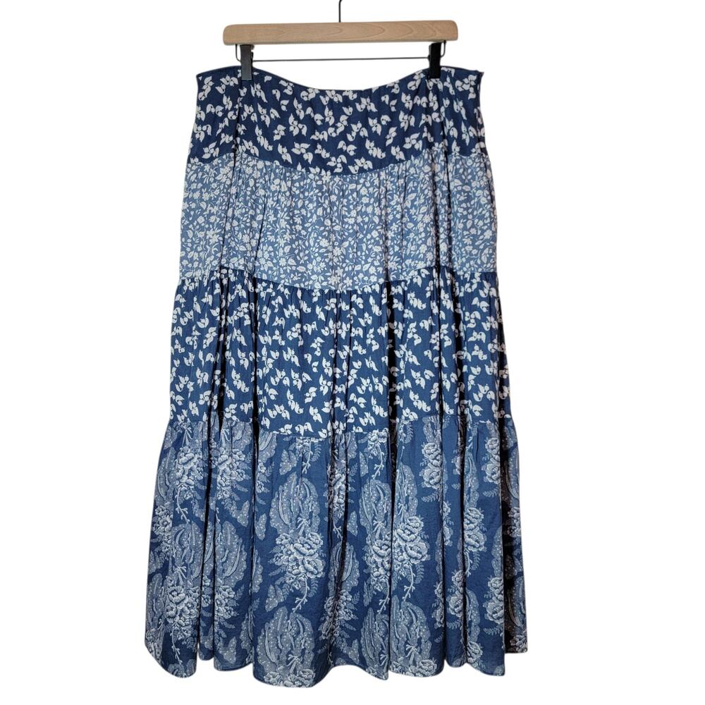 Ralph Lauren Floral Cotton Tiered Ruffle Hem Maxi Skirt Blue White 16 Romantic - Picture 14 of 14